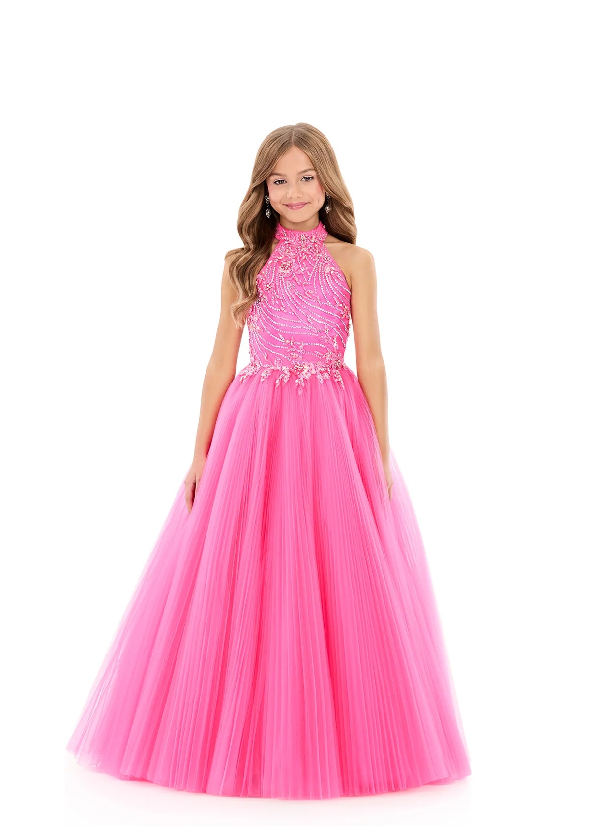 Make a dazzling statement on stage in this stunning kids pageant ball gown ASHLEYlauren Style 8366. This gown is designed to sparkle with every twirl and captivate under the lights.

Available in Yellow, Aqua, and Pink
Perfect for kids pageants, youth competitions, fun fashion, and formal stage presentations
Halter-style ball gown, fully beaded bodice with press-on stones, full pleated tulle skirt

With its radiant sparkle and timeless pageant elegance, ASHLEYlauren Style 8366 is a kids pageant gown is the 