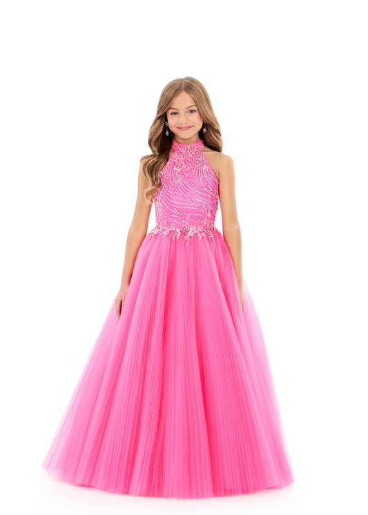 Make a dazzling statement on stage in this stunning kids pageant ball gown ASHLEYlauren Style 8366. This gown is designed to sparkle with every twirl and captivate under the lights.

Available in Yellow, Aqua, and Pink
Perfect for kids pageants, youth competitions, fun fashion, and formal stage presentations
Halter-style ball gown, fully beaded bodice with press-on stones, full pleated tulle skirt

With its radiant sparkle and timeless pageant elegance, ASHLEYlauren Style 8366 is a kids pageant gown is the 