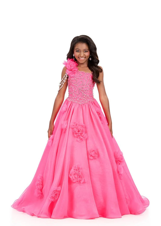 Ashleylauren 8381 Girls Pageant Dress One Shoulder Heavy Crystal Beading
