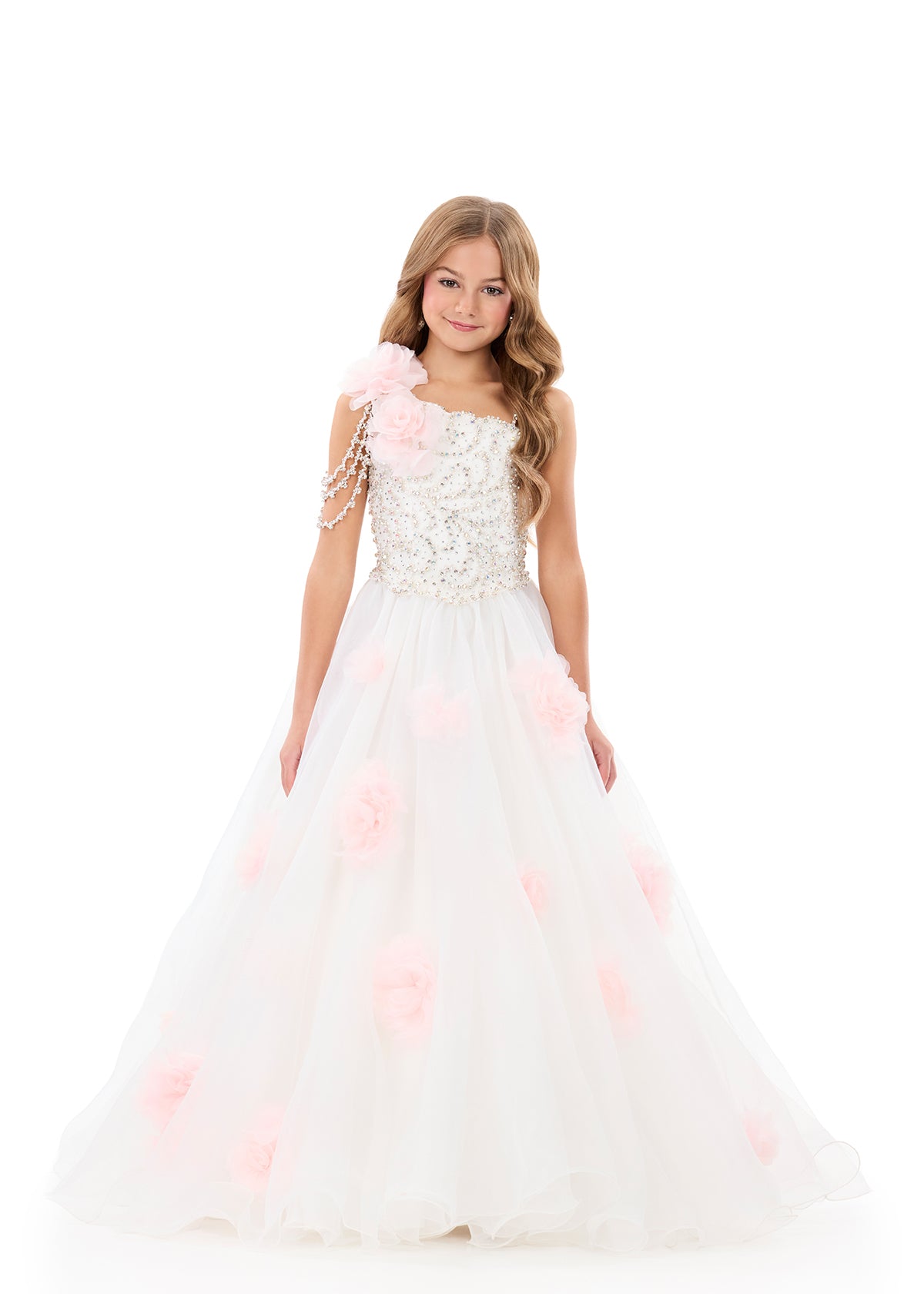Ashleylauren 8381 Girls Pageant Dress One Shoulder Heavy Crystal Beading
