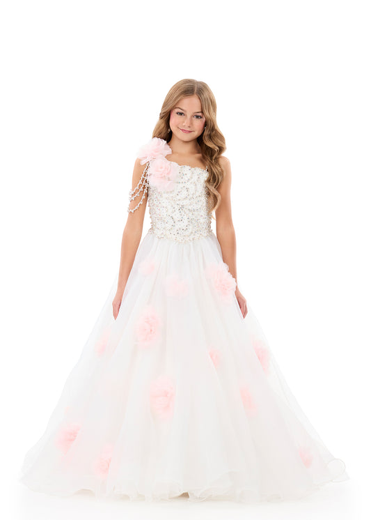 Ashleylauren 8381 Girls Pageant Dress One Shoulder Heavy Crystal Beading