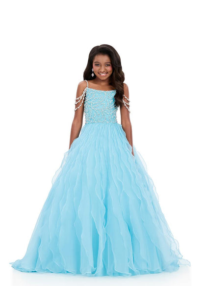 Ashleylauren 8382 Girls Pageant Dress Cascading Ruffles Crystal Bodice Fringe off the Shoulder Straps