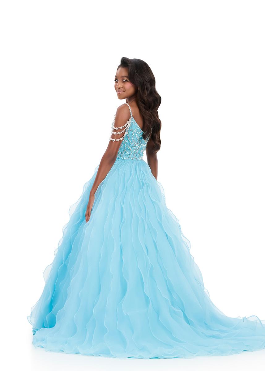 Ashleylauren 8382 Girls Pageant Dress Cascading Ruffles Crystal Bodice Fringe off the Shoulder Straps