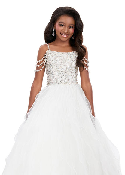 Ashleylauren 8382 Girls Pageant Dress Cascading Ruffles Crystal Bodice Fringe off the Shoulder Straps