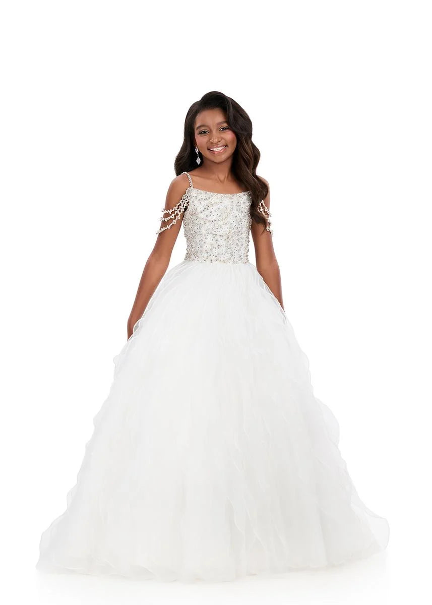 Ashleylauren 8382 Girls Pageant Dress Cascading Ruffles Crystal Bodice Fringe off the Shoulder Straps