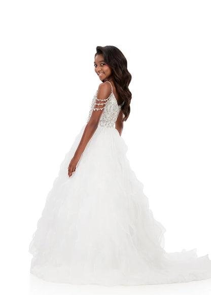 Ashleylauren 8382 Girls Pageant Dress Cascading Ruffles Crystal Bodice Fringe off the Shoulder Straps