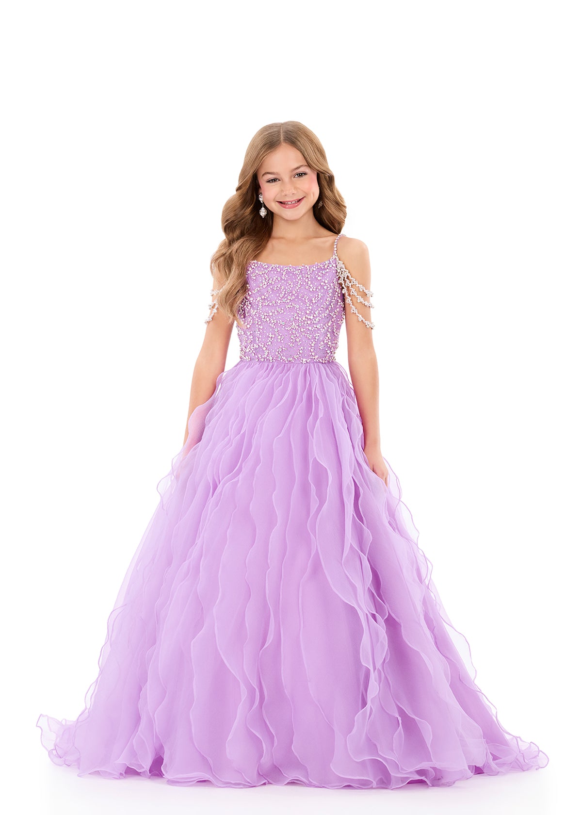 Ashleylauren 8382 Girls Pageant Dress Cascading Ruffles Crystal Bodice Fringe off the Shoulder Straps