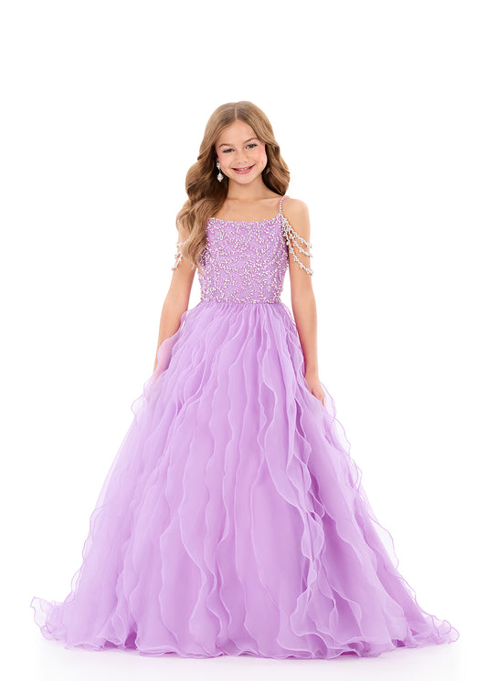 Ashleylauren 8382 Girls Pageant Dress Cascading Ruffles Crystal Bodice Fringe off the Shoulder Straps