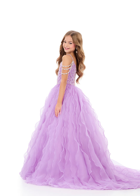 Ashleylauren 8382 Girls Pageant Dress Cascading Ruffles Crystal Bodice Fringe off the Shoulder Straps