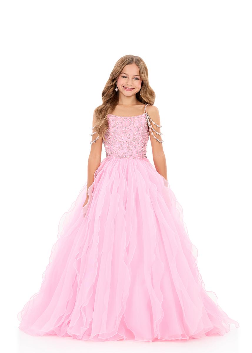 Ashleylauren 8382 Girls Pageant Dress Cascading Ruffles Crystal Bodice Fringe off the Shoulder Straps