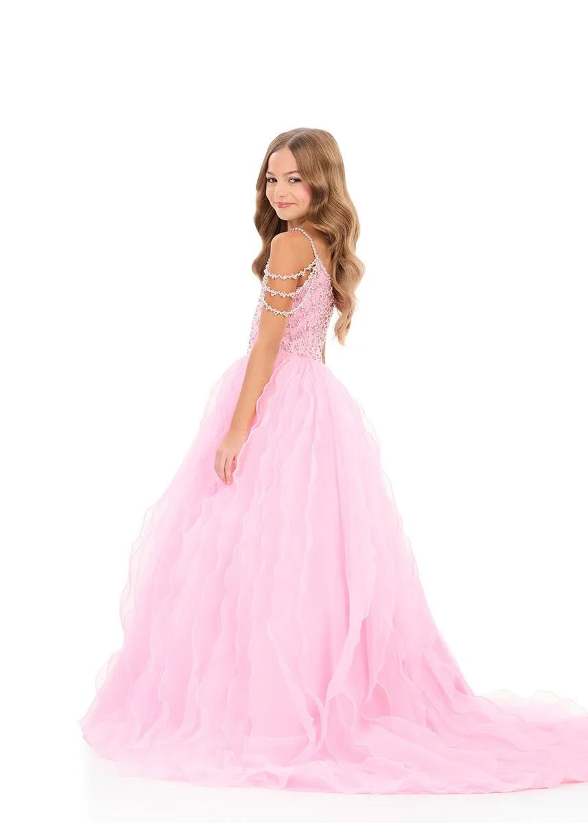 Ashleylauren 8382 Girls Pageant Dress Cascading Ruffles Crystal Bodice Fringe off the Shoulder Straps