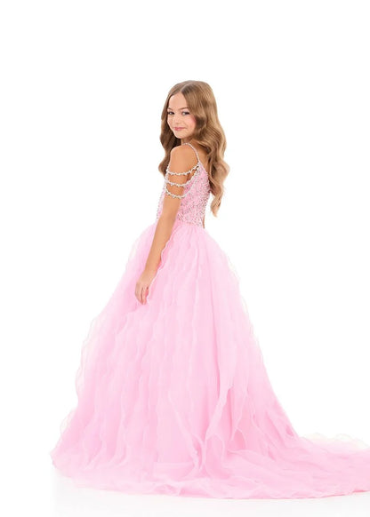 Ashleylauren 8382 Girls Pageant Dress Cascading Ruffles Crystal Bodice Fringe off the Shoulder Straps