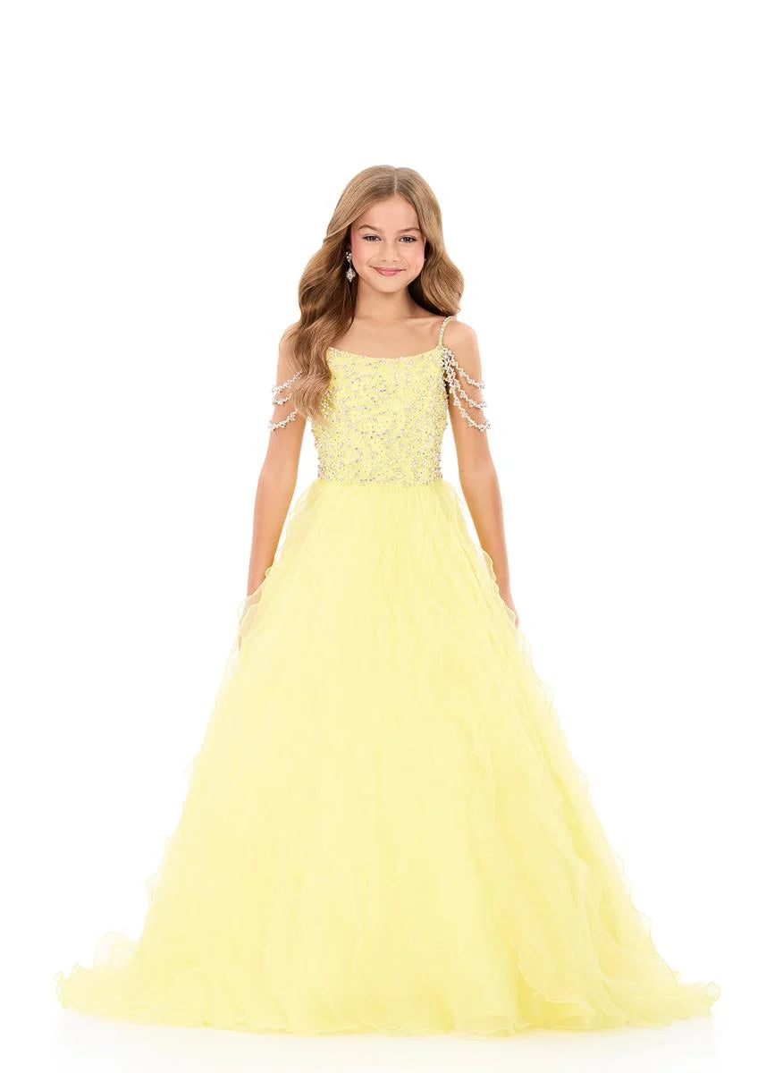 Ashleylauren 8382 Girls Pageant Dress Cascading Ruffles Crystal Bodice Fringe off the Shoulder Straps