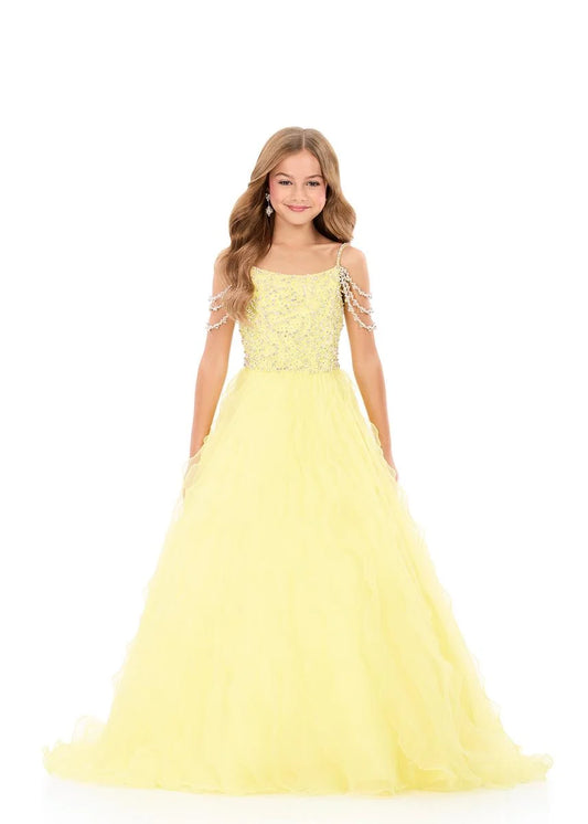 ASHLEYlauren 8382 Girls Pageant Dress Cascading Ruffles Crystal Bodice Fringe off the Shoulder Straps