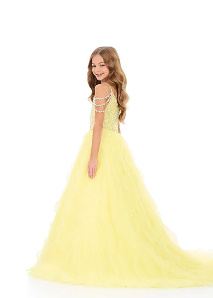 Ashleylauren 8382 Girls Pageant Dress Cascading Ruffles Crystal Bodice Fringe off the Shoulder Straps