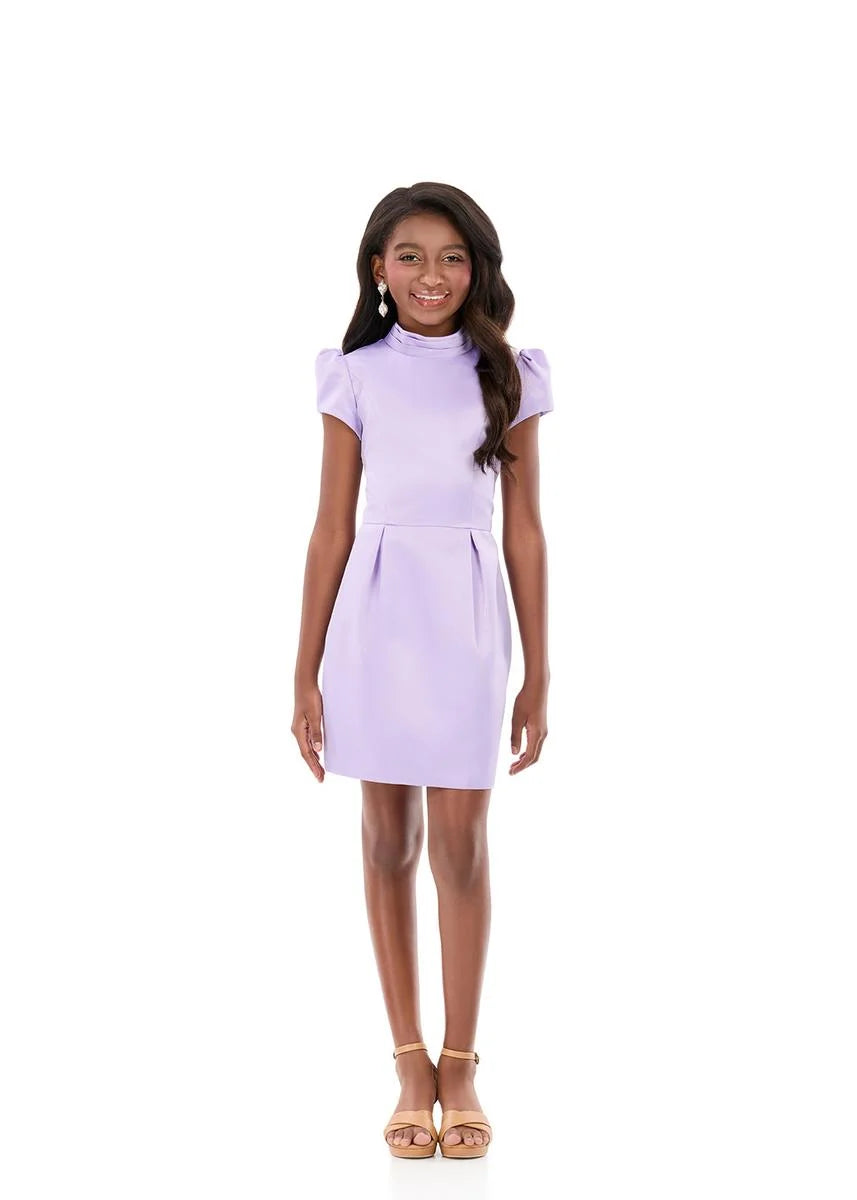 purple dress short sleeve Ashleylauren 8384 Girls Short Dress Cut Out Back Oversized Bow Lilac / 16
