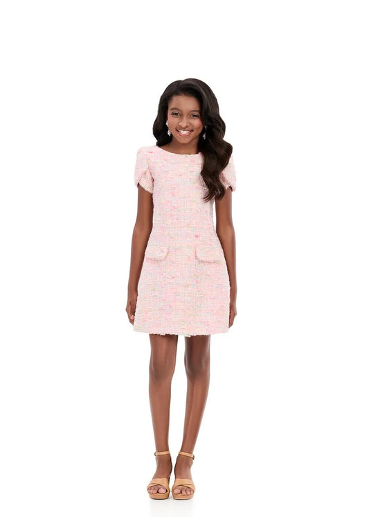 Ashleylauren 8389 Kids Short Dress Tweed Puff Sleeves