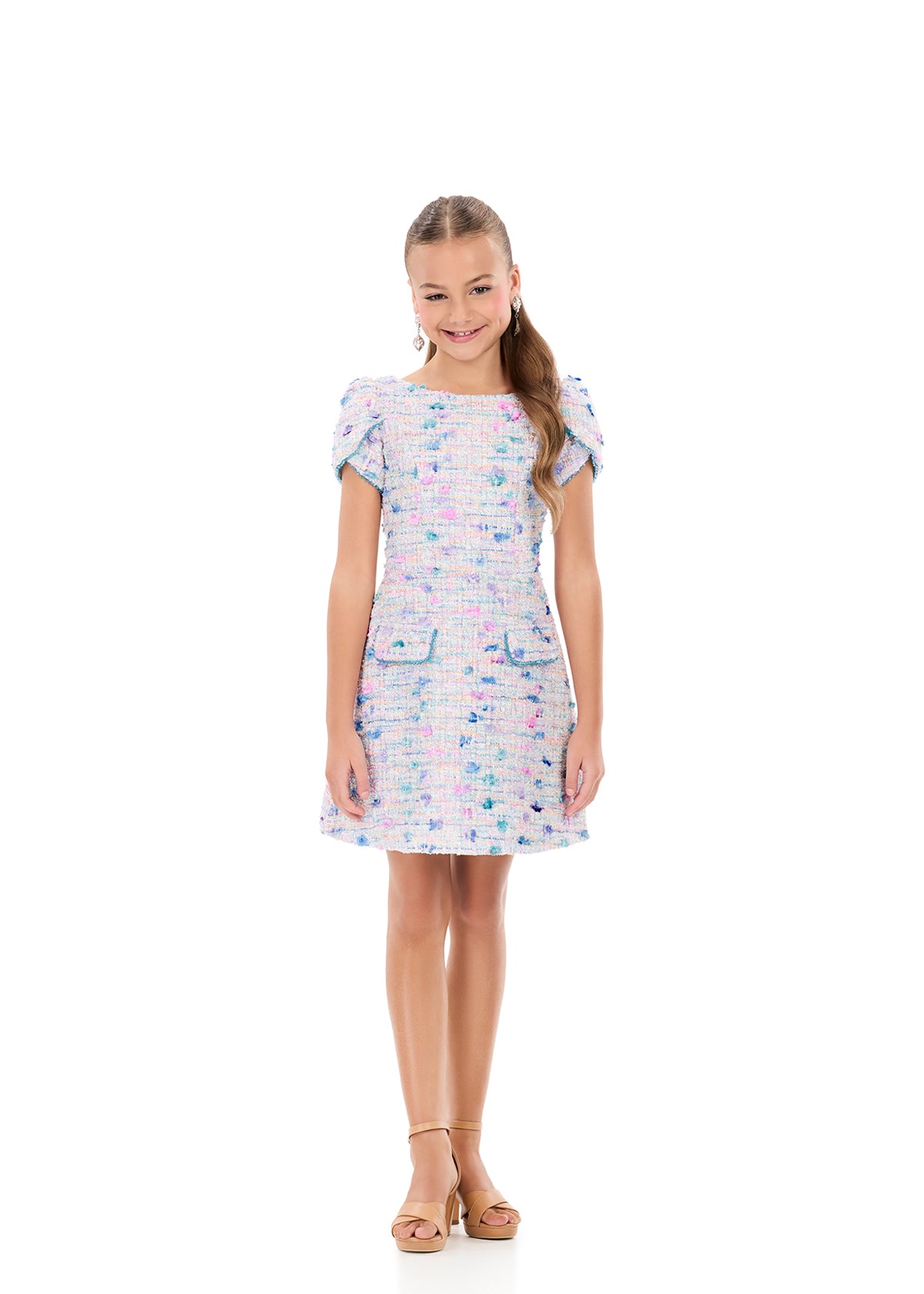 ASHLEYlauren 8389 Girls Short Dress Tweed Puff Sleeves