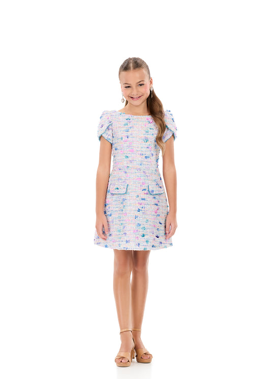 Ashleylauren 8389 Kids Short Dress Tweed Puff Sleeves