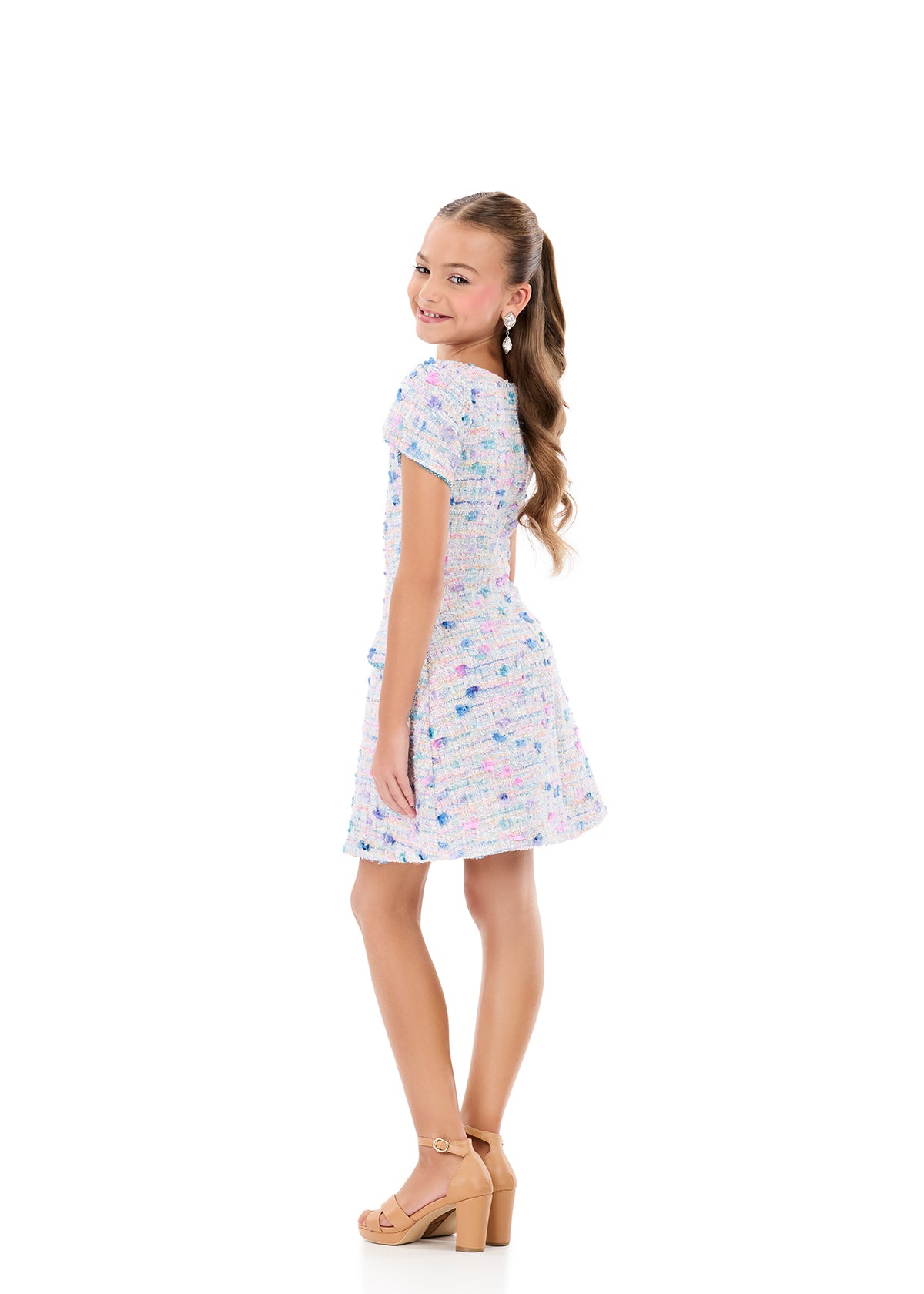 ASHLEYlauren 8389 Girls Short Dress Tweed Puff Sleeves