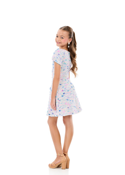 ASHLEYlauren 8389 Girls Short Dress Tweed Puff Sleeves