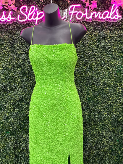 Amarra 94282 Size 00 Neon Green Long Fitted Sequin Backless Corset Slit Prom Dress Scoop Neck Formal Pageant Gown