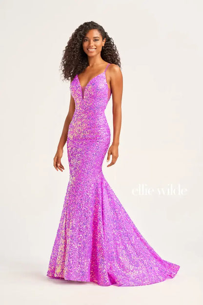 violetta sequin lace-up mermaid dress Ellie Wilde EW34016 Size 00 Purple Rain Long Sequin Mermaid Corset Formal Prom Dress Backless V Neck Iridescent