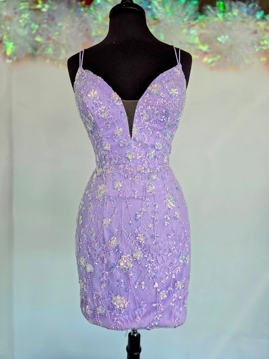 Amarra 87129 Short Fitted Lace Gown with Sequin Embellishments. This Backless Cocktail Dress Features a lace up tie Corset V neckline with mesh insert. Lilac size 8.

Available Sizes: 8

Available Colors: Lilac