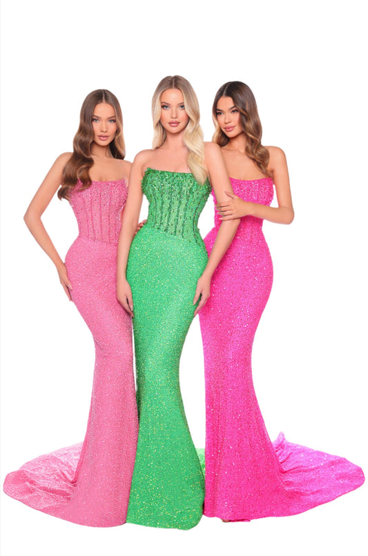 Elevate your formal evening attire with the Amarra 88110 Beaded Sequin Pageant Dress. This stunning gown features a strapless design and a form-fitting corset bodice, adorned with intricate beaded sequins. Make a statement at any event with this exquisite dress.