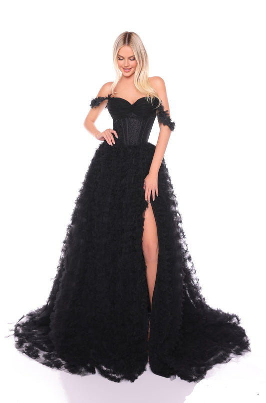 Amarra 88512 Black Prom Dress &nbsp;This stunning black evening gown, with its corset-style bodice, off-the-shoulder design, sweetheart neckline, cascading layers of black tulle, daring thigh-high slit, and crisscross lace-up back.