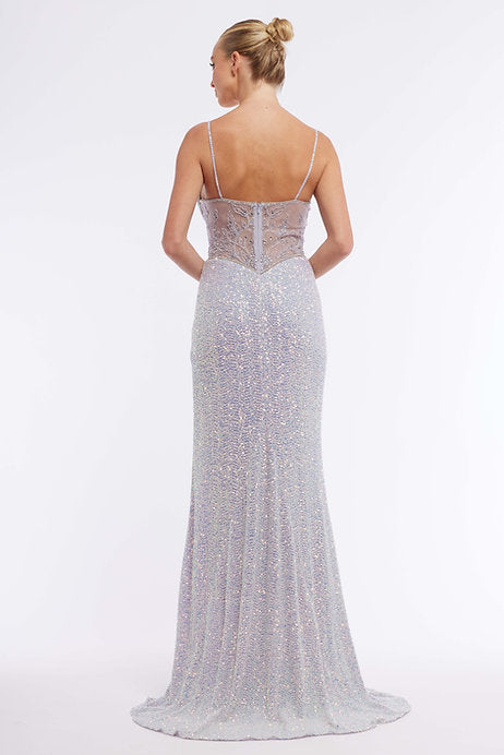 This Vienna Prom 8863 dress features stunning sequins and a figure-hugging fit for a glamorous and eye-catching look. The plunging neckline and high slit add a touch of allure, making it perfect for formal events and pageants. Elevate your style with this elegant and on-trend gown.