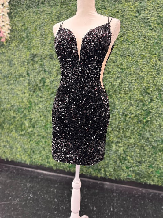 Make a statement in the Amarra 88660 Sequined Velvet Homecoming Cocktail Dress. Featuring a v neckline, spaghetti straps, sheer panels and a lace up corset back, this dress is sure to turn heads. Crafted with luxurious sequined velvet, it's the perfect combination of comfort and style.  Size: 6, 14   Color: Black    
