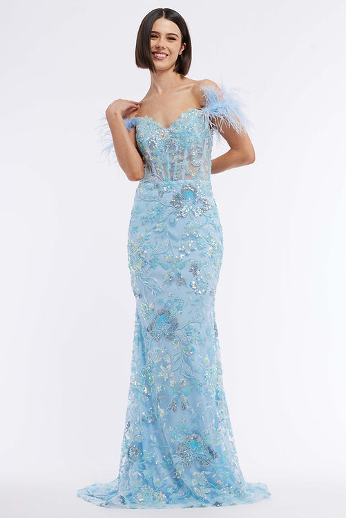 This exquisite Vienna Prom 8867 dress features a long sheer sequin corset for a modern, sophisticated look. This off the shoulder feather formal gown is embellished with intricate beading and sequins, giving it a glamorous feel perfect for a pageant or other special event. A timelessly elegant option for any wardrobe.  Sizes: 00-16  Colors: Blue, Green, Pink, Purple