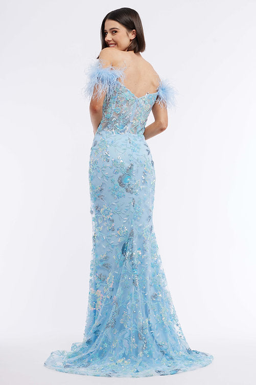 This exquisite Vienna Prom 8867 dress features a long sheer sequin corset for a modern, sophisticated look. This off the shoulder feather formal gown is embellished with intricate beading and sequins, giving it a glamorous feel perfect for a pageant or other special event. A timelessly elegant option for any wardrobe.  Sizes: 00-16  Colors: Blue, Green, Pink, Purple