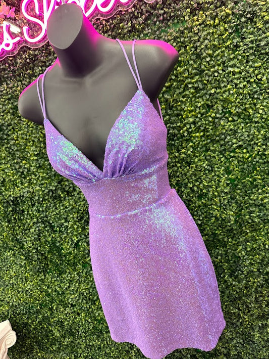 Amarra 88718 Size: 0, 12 Lilac Sequin fitted cocktail dress with sweetheart neckline and lace up back
