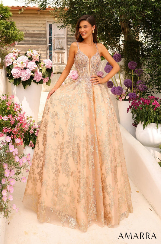  Amarra 88741 Introducing an enthralling ball gown that radiates elegance and charm. This graceful beauty features a meticulously crafted lace bodice adorned with a breathtaking plunging semi-sweetheart neckline. The delicate embroidery is elevated by stunning three-dimensional floral accents, adding a touch of whimsy and poise. A graceful transition leads to a sparkling tulle skirt, casting a dreamy ambiance with every movement.