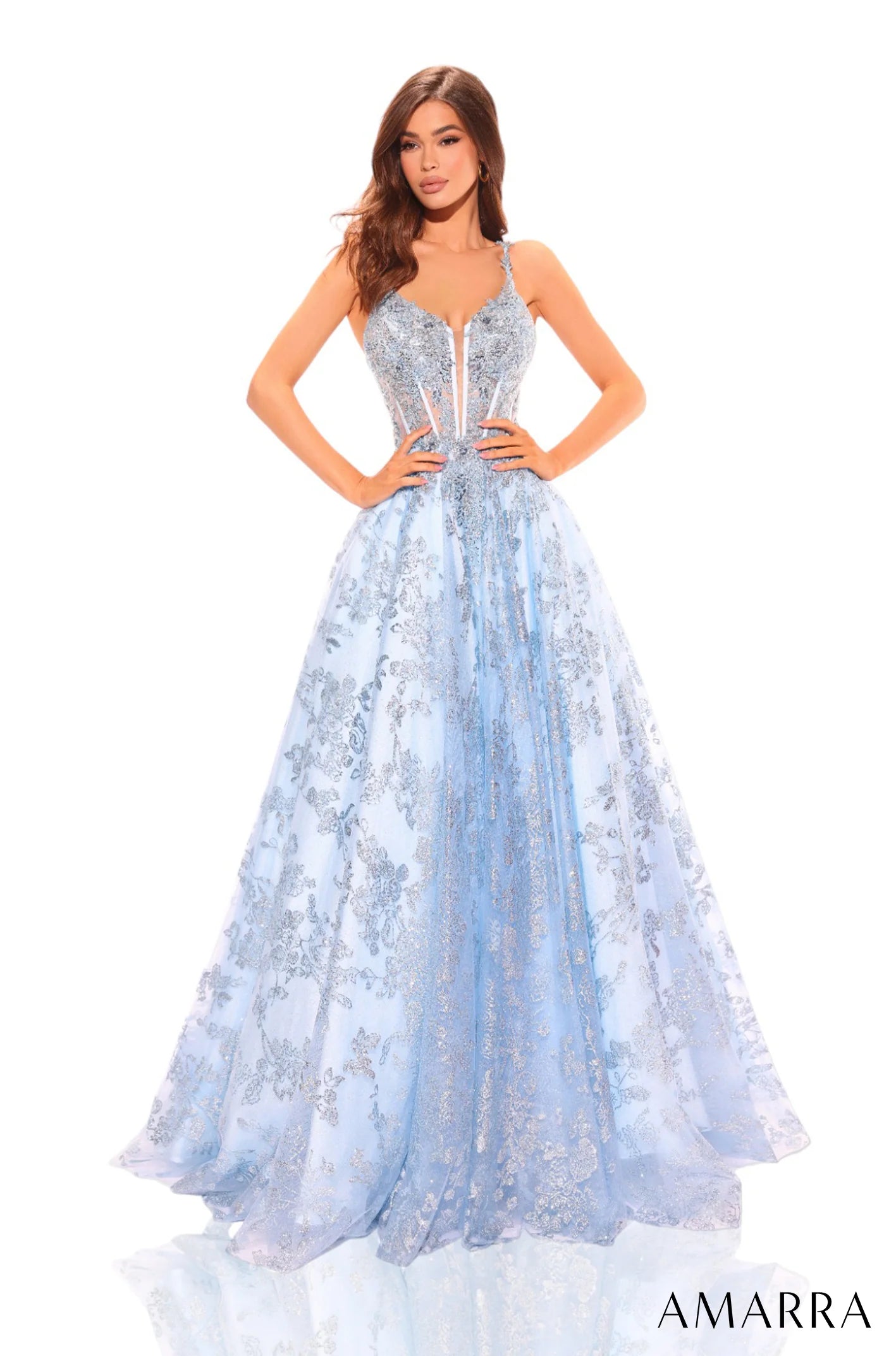 Amarra 88741 Long Prom Dress Corset Ball Gown 3-D Flowers Beading Stone Accents Glitter Tulle Formal Pageant Gown