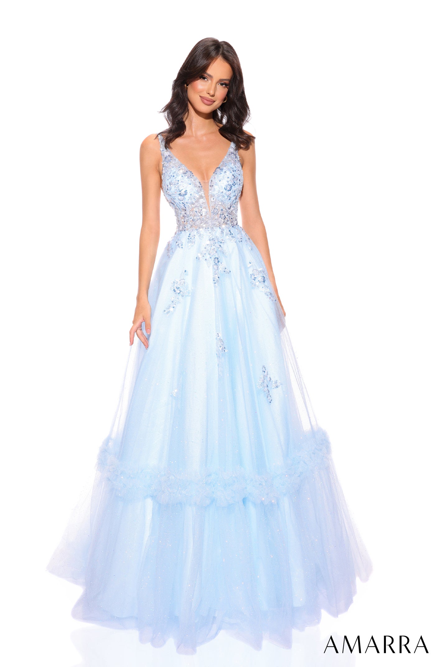 Elevate your formal look with the Amarra 88744 Long Shimmer Ballgown. This stunning dress features intricate sheer sequin detailing and a ruffled tulle A-line skirt that exudes elegance. Perfect for prom or any special occasion, this dress will make you stand out in style. Behold the exquisite prom dress that embodies a floral fantasy and stands as a true work of art.