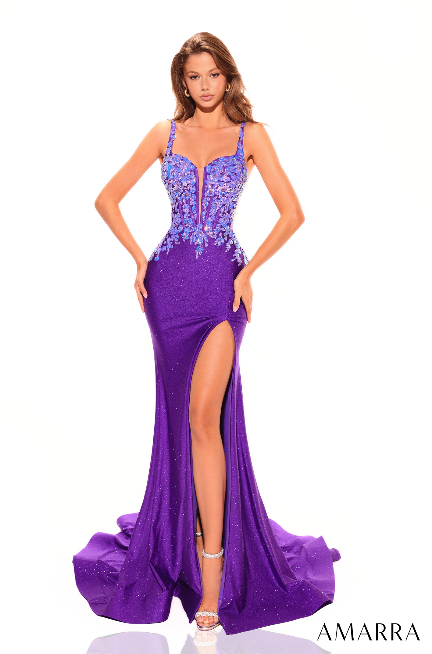 Elevate your formal attire with the Amarra 88759 Prom Dress. This stunning gown features a long, shimmering silhouette with a sheer sequin design and a backless corset for a touch of glamour. Perfect for any formal event, this dress is sure to make a statement and turn heads. Exude confidence and elegance in the Amarra 88759. 