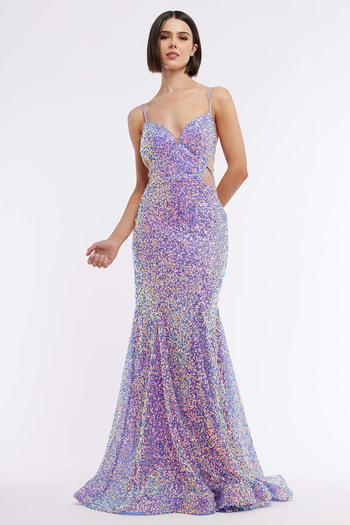 Look stunning in Vienna Prom 8878. Crafted from a lustrous sequined fabric, this dress features a backless and sheer cut-out design. The elegant fitted bodice fits snugly to flatter your curves, making this the perfect formal or pageant dress.  Sizes: 00-16  Colors: Fuchsia, Lilac, Green