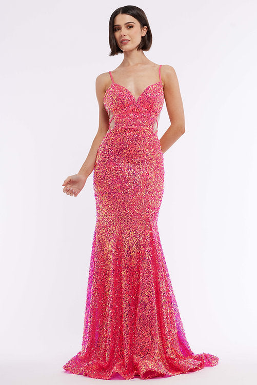 Look stunning in Vienna Prom 8878. Crafted from a lustrous sequined fabric, this dress features a backless and sheer cut-out design. The elegant fitted bodice fits snugly to flatter your curves, making this the perfect formal or pageant dress.  Sizes: 00-16  Colors: Fuchsia, Lilac, Green
