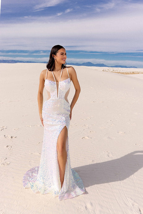 Step onto the red carpet in style with the Vienna Prom 8880 Long Prom Dress. This stunning gown features a sequin-embellished fitted silhouette, with a sheer plunging neckline and sheer sides that add a touch of sexiness. Perfect for formal events and pageants, this dress is sure to make you stand out from the crowd.