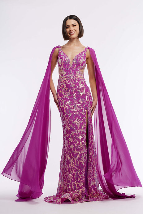 The Vienna Prom 8881 Long Prom Dress is a stunning and elegant choice for any formal event or pageant. With its sequin detailing, plunging V neckline, and illusion cut out slit, this dress is sure to make you stand out from the crowd. It's the perfect combination of glamour and sophistication.