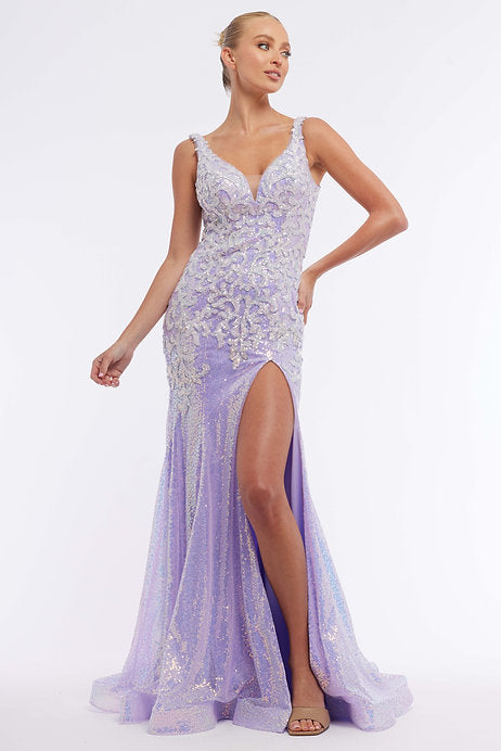 Expertly designed for elegance and sophistication, the Vienna Prom 8882 Long Prom Dress is a show-stopping gown. With a fitted V-neckline and dazzling sequin detailing, this gown exudes confidence and allure. The stunning train and thigh-high slit add a touch of drama, making it the perfect choice for formal events and pageants.