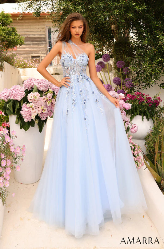 Amarra 88838 If you want a princess-style dress for prom, this is it! This dazzling dress is made from sparkling tulle and intricate embroidered lace with rhinestone appliques catching the light with every movement. The asymmetrical illusion neckline and sheer boned corset bodice create a unique look, while the A-line silhouette flows gracefully to the floor. The court train complements the look with a regal touch.