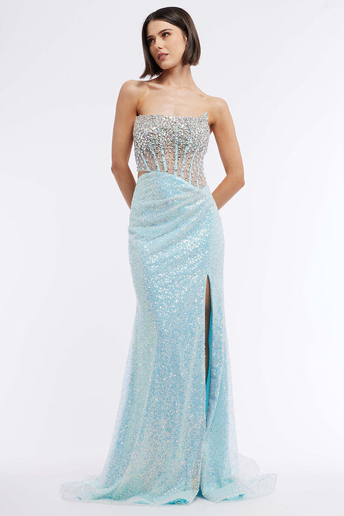 The Vienna Prom 8885 offers a timeless, glamorous look. Perfect for proms, pageants, and special occasions, this sheer corset gown features sequins, slit, and ruched waist for an unforgettable silhouette. The peak points cutout side adds sparkle and detail. Make a statement in this timeless, sparkling style.