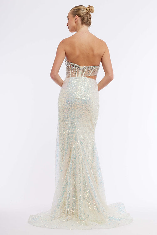 The Vienna Prom 8885 offers a timeless, glamorous look. Perfect for proms, pageants, and special occasions, this sheer corset gown features sequins, slit, and ruched waist for an unforgettable silhouette. The peak points cutout side adds sparkle and detail. Make a statement in this timeless, sparkling style.