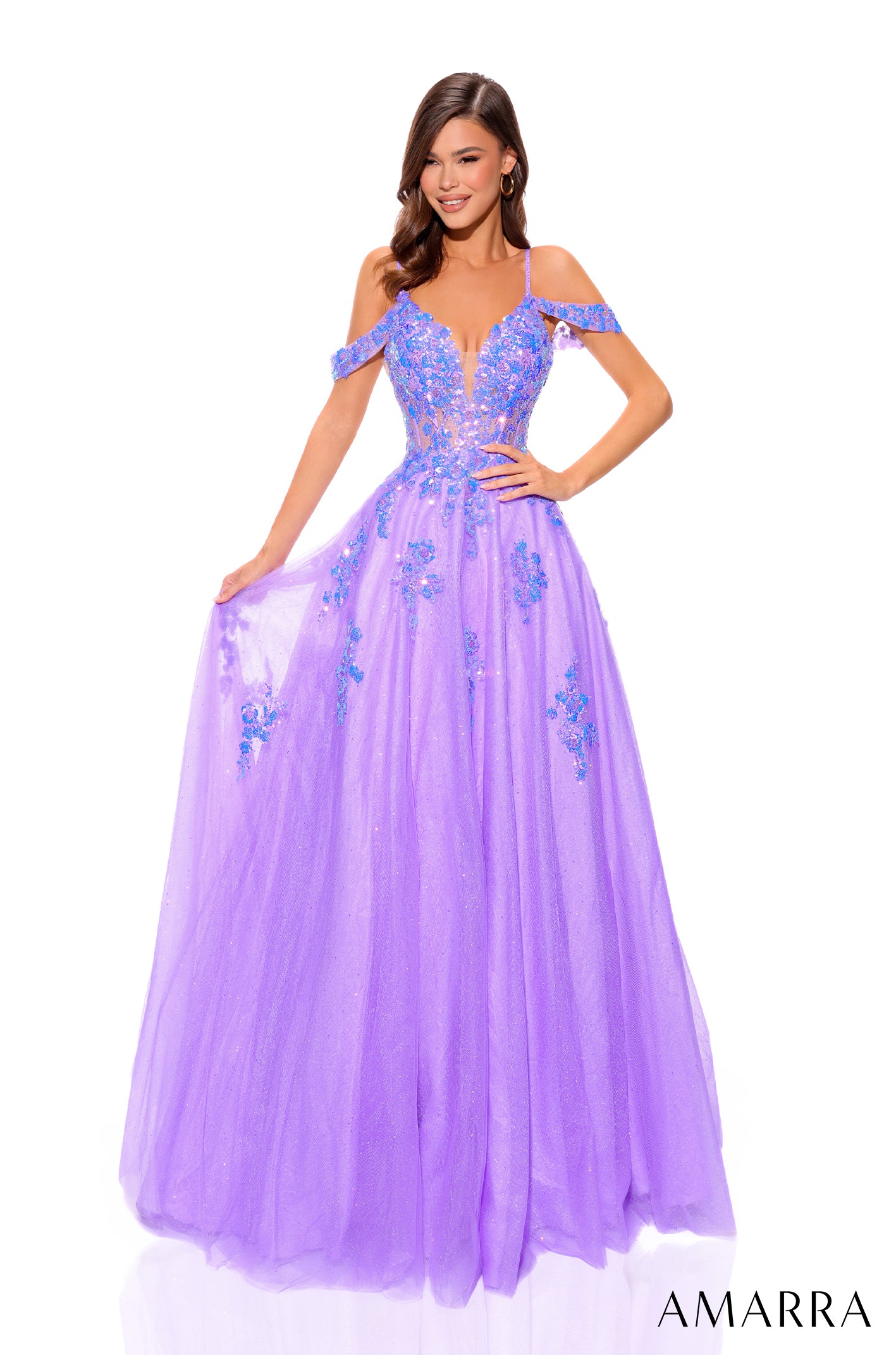 Be the center of attention in this stunning Amarra 88875 Long Shimmer Sequin Ballgown. The off the shoulder design and sheer corset add a touch of elegance, while the shimmering sequins will make you shine all night long. Perfect for prom or any special occasion. Be ready to be the talk of the town for months with this breathtaking gown.