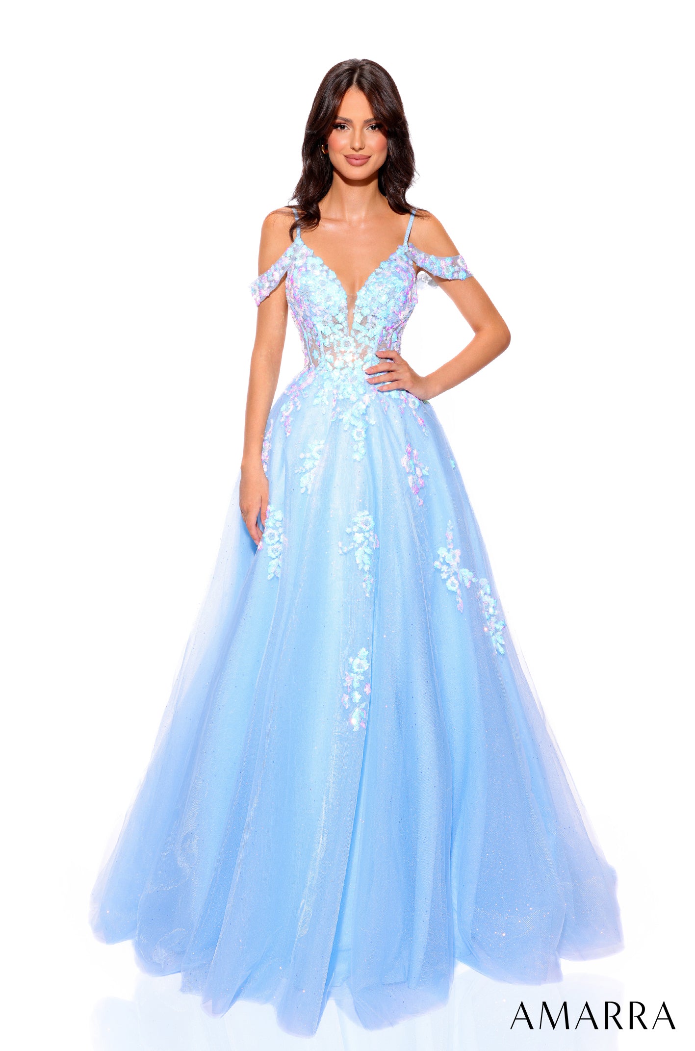 Be the center of attention in this stunning Amarra 88875 Long Shimmer Sequin Ballgown. The off the shoulder design and sheer corset add a touch of elegance, while the shimmering sequins will make you shine all night long. Perfect for prom or any special occasion. Be ready to be the talk of the town for months with this breathtaking gown.