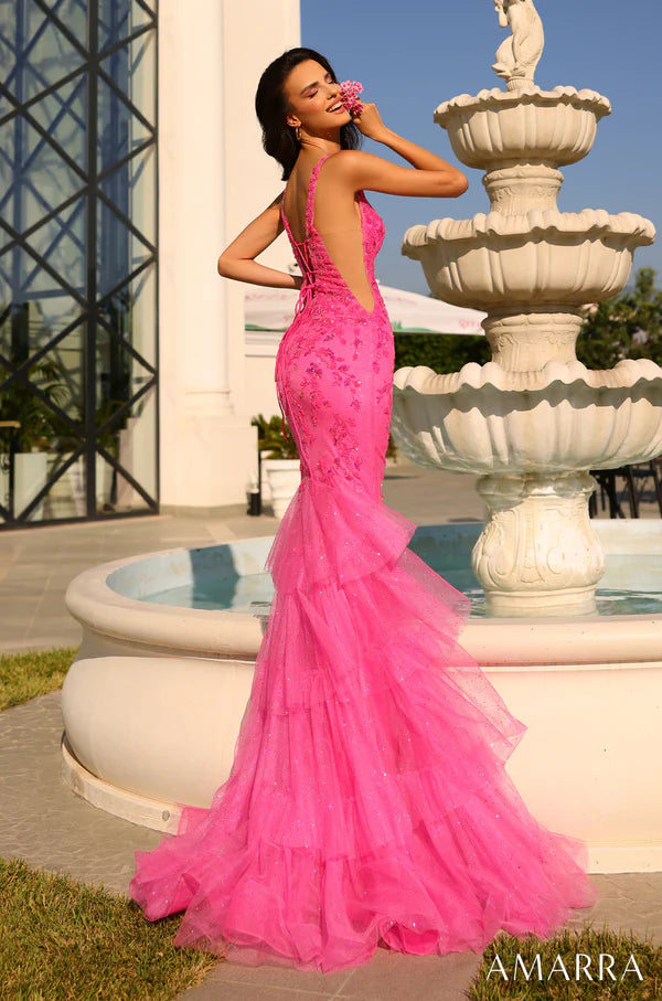 Experience red carpet glamour with the Amarra 88876 Long Sheer Sequin Mermaid Slit Prom Dress. This stunning gown features a sheer sequin bodice and mermaid silhouette with a ruffled train for added drama. Make a statement with this dress at your next special occasion. Made from premium shiny tulle and a tad touch of sequin, this spectacular ensemble ensures that you capture and keep the spotlight anywhere you set your feet. 